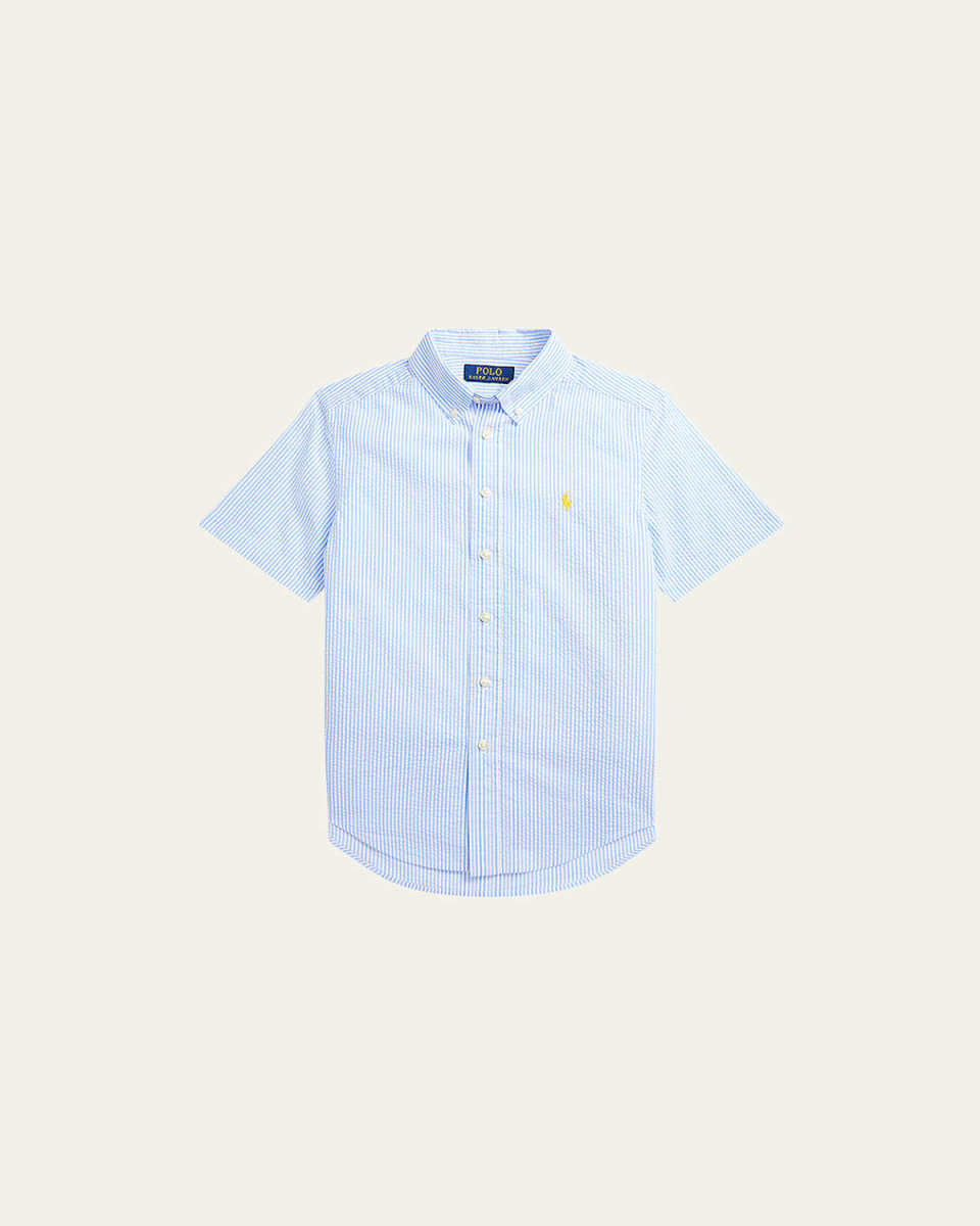 Boy's Striped Seersucker Short-Sleeve Shirt, Size S-
